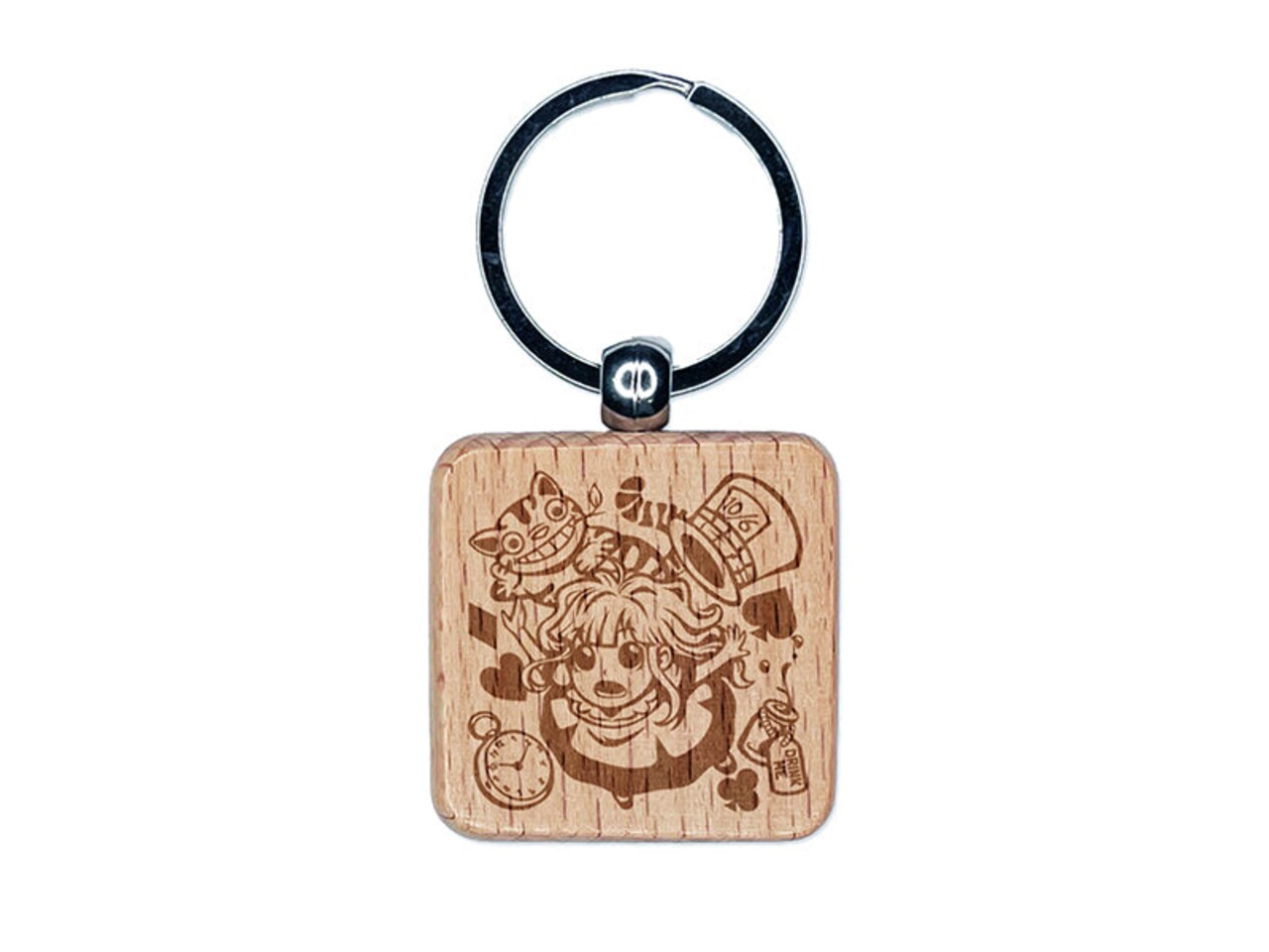 Alice's Adventures in Wonderland Engraved Wood Square Keychain Tag Charm